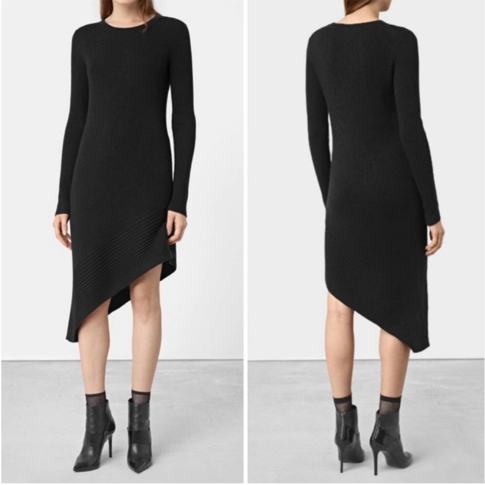 All Saints Charcoal Dark Grey Merino Wool Keld Asymmetrical Ribbed Dress XS
